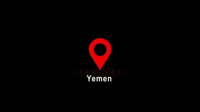 Red location pin icon with Yemen text on black background image photo 4k video...