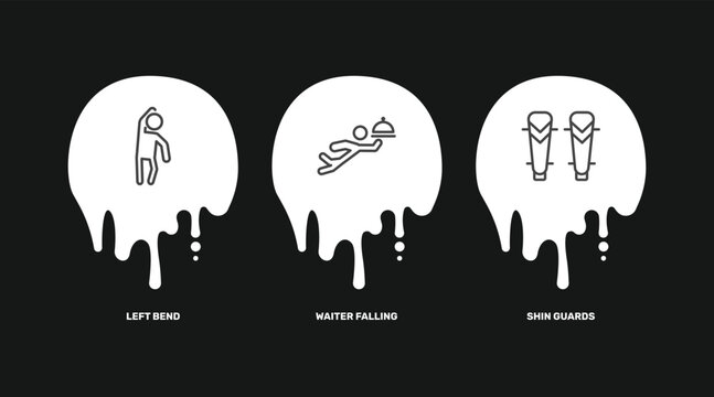 sport and game icon set with left bend, waiter falling, shin guards signs in flat outline style