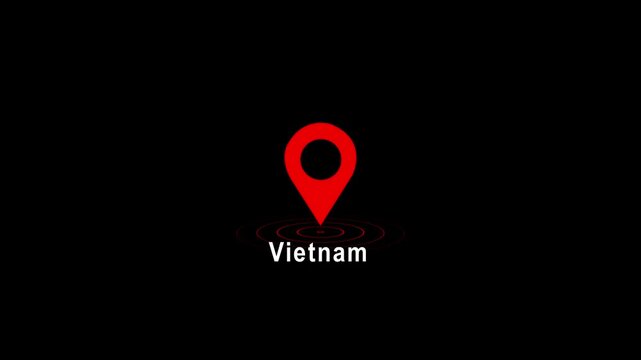 Red location pin icon with Vietnam text on black background image photo 4k video...