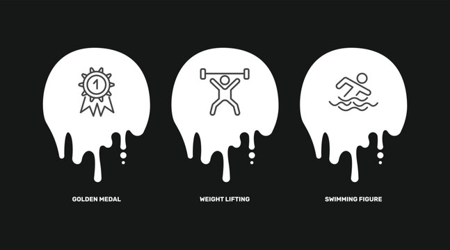 sport and game icon set with golden medal, weight lifting, swimming figure signs in flat outline style