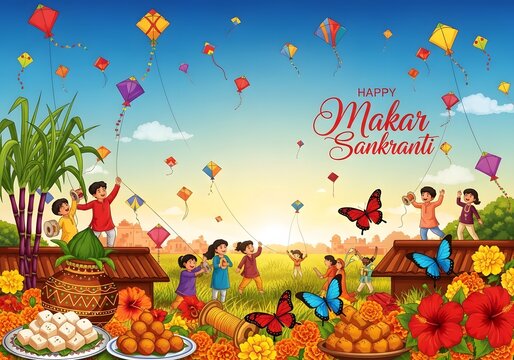 Children celebrating makar sankranti with kites and food