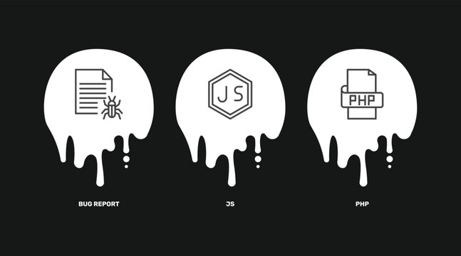 information technology icon set with bug report, js, php signs in flat outline style
