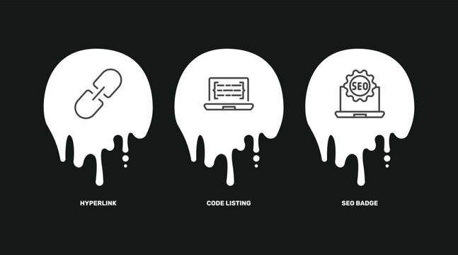 information technology icon set with hyperlink, code listing, seo badge signs in flat outline style