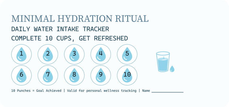 Minimal hydration tracker loyalty card with water drop punch markers and daily wellness progress chart