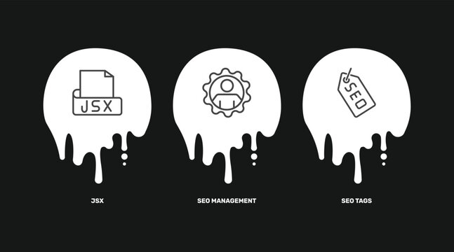 information technology icon set with jsx, seo management, seo tags signs in flat outline style