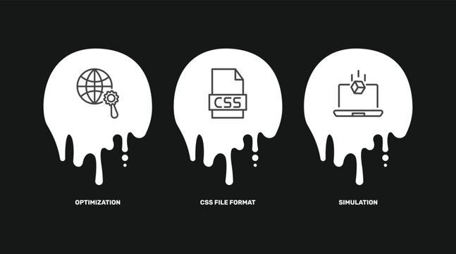 information technology icon set with optimization, css file format, simulation signs in flat outline style