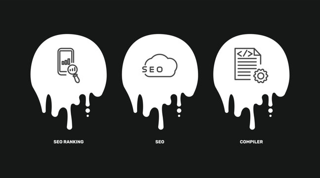 information technology icon set with seo ranking, seo, compiler signs in flat outline style