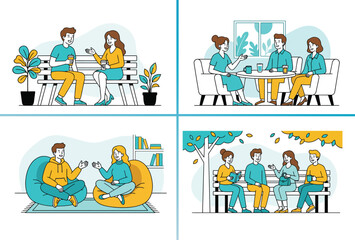 Fototapeta premium Diverse groups having casual meetings in cozy indoor and outdoor settings. vector