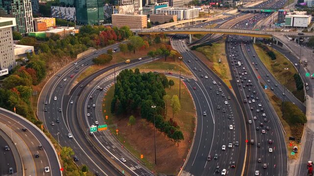 Atlanta, Georgia. Urban highway road interchange connecting interstate freeways. Complex road design and metropolitan development in USA.