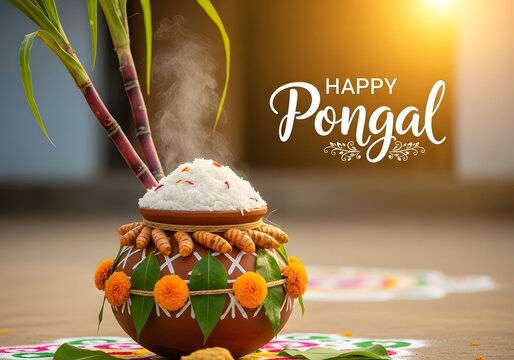Happy pongal festival decorated pot with flowers