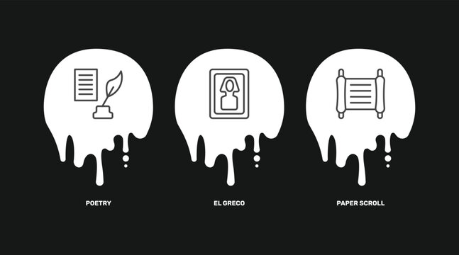 museum and exhibition icon set with poetry, el greco, paper scroll signs in flat outline style