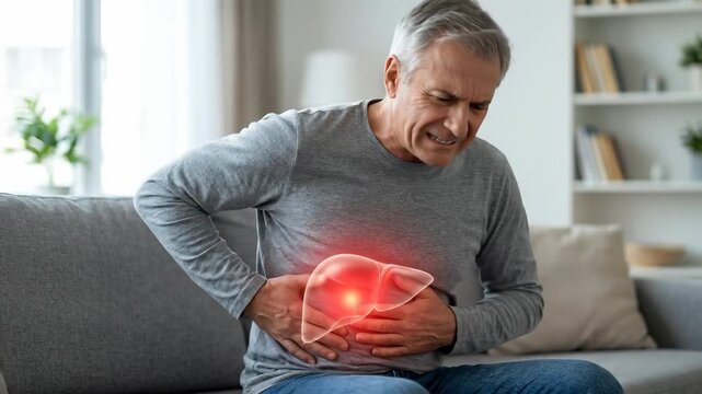 Senior man suffering acute liver pain, clutching abdomen, discomfort from severe hepatic disease, internal organ damage, health crisis, medical problem, domestic scene