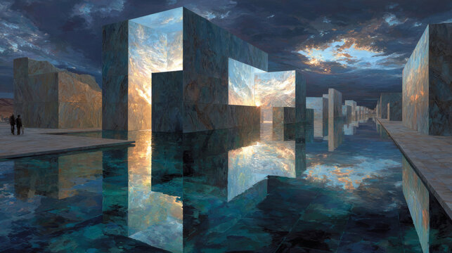 Abstract geometric landscape with reflections