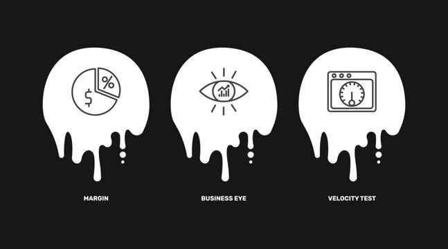 marketing icon set with margin, business eye, velocity test signs in flat outline style