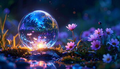 Enchanted glowing orb in a magical garden setting with vibrant flowers