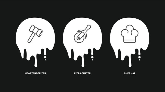 kitchen icon set with meat tenderizer, pizza cutter, chef hat signs in flat outline style