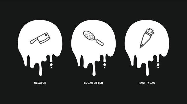 kitchen icon set with cleaver, sugar sifter, pastry bag signs in flat outline style