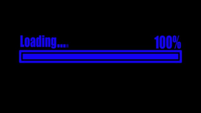 Digital blue loading progress bar showing one hundred percent completion