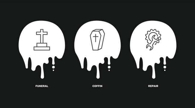 insurance and coverage icon set with funeral, coffin, repair signs in flat outline style