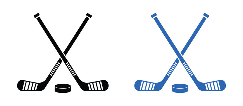 Hockey stick icons featuring crossed hockey sticks and puck silhouettes, representing ice hockey sports, competition, athletic performance, and team gameplay.