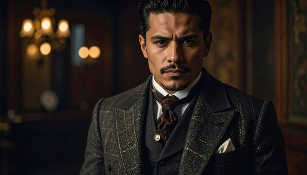 Intense gaze of a man in a vintage suit, focused and determined.