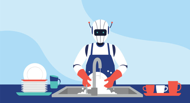 Helpful domestic robot wearing an apron and red gloves is busy washing ceramic plates at a kitchen sink surrounded by clean dinnerware.