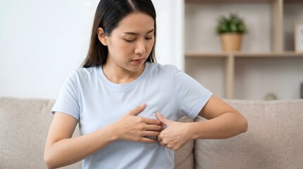 Obraz premium Young woman performing a breast self examination to check for lumps while sitting at home