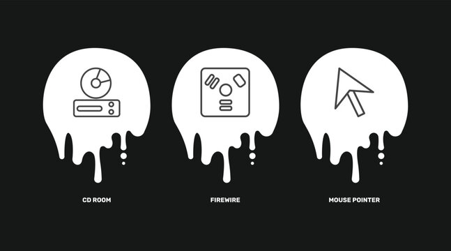 hardware and equipment icon set with cd room, firewire, mouse pointer signs in flat outline style