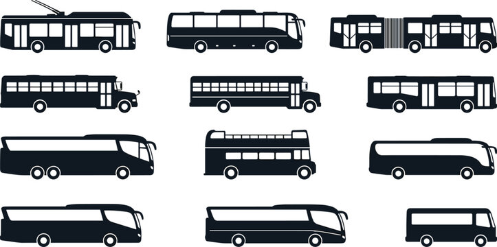 Comprehensive Set of Bus Silhouettes Featuring School Bus Double Decker Coach and City Transport Vehicles for Urban Travel Logistics and Public Transportation Graphic Designs