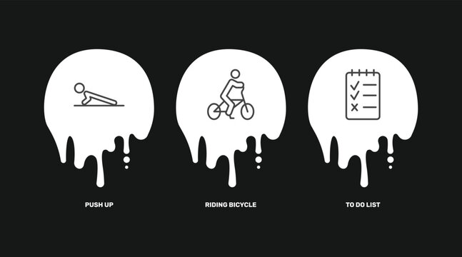 fitness and gym icon set with push up, riding bicycle, to do list signs in flat outline style