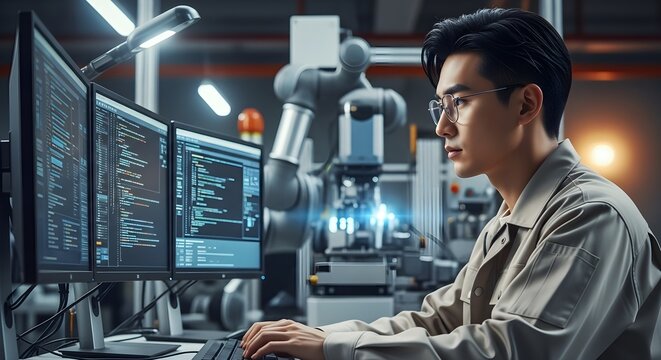 Focused asian engineer working on complex computer code in a modern high tech industrial facility setting