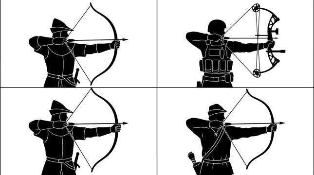 Archery Silhouette Collection Featuring Traditional and Modern Bow Hunters Practicing Precision Shooting and Outdoor Sports