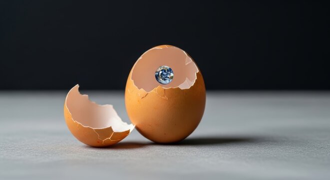 Fragile Beginnings: An Eggshell with the Earth inside, a metaphor for delicate environment