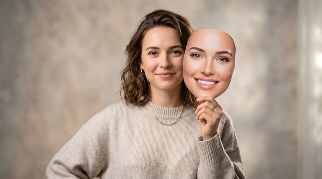 Young Woman Contrasting Natural Beauty with Perfect Face Mask, Highlighting Authenticity, Self-Acceptance, and Societal Beauty Standards & Digital Perfection.