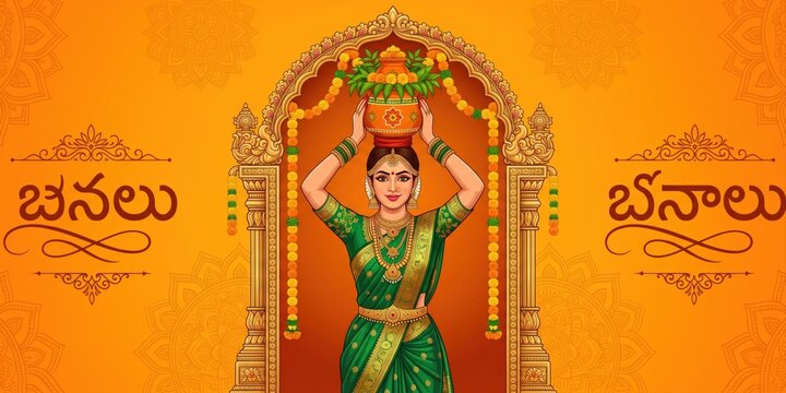 Traditional Telangana Woman Holding Bonam Offering Festival Banner