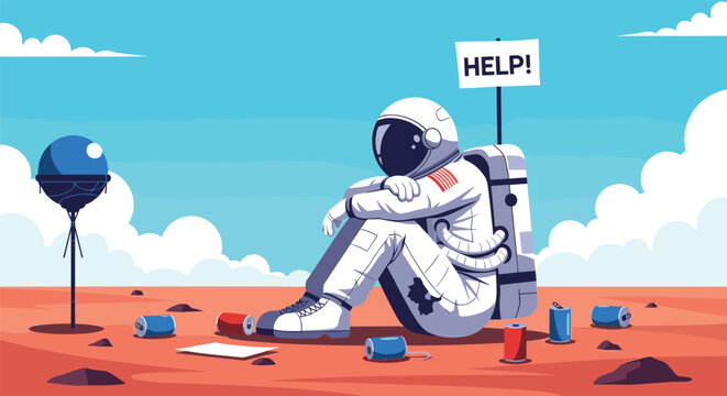 Lonely and sad astronaut sitting on the surface of Mars with a help sign and empty soda cans scattered around.