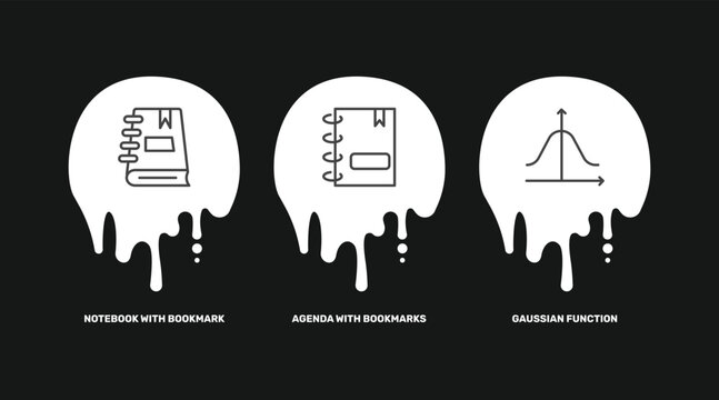 education and science icon set with notebook with bookmark, agenda with bookmarks, gaussian function signs in flat outline style