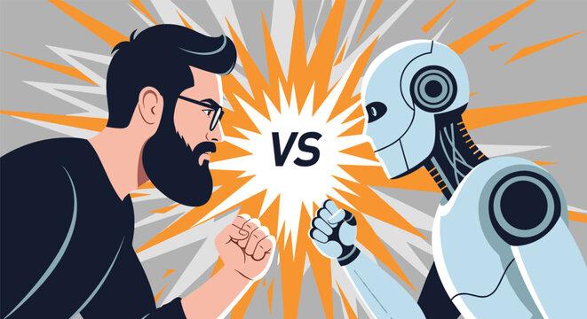 Dramatic profile view of a bearded man facing a humanoid robot with a versus sign between them in a comic book style.