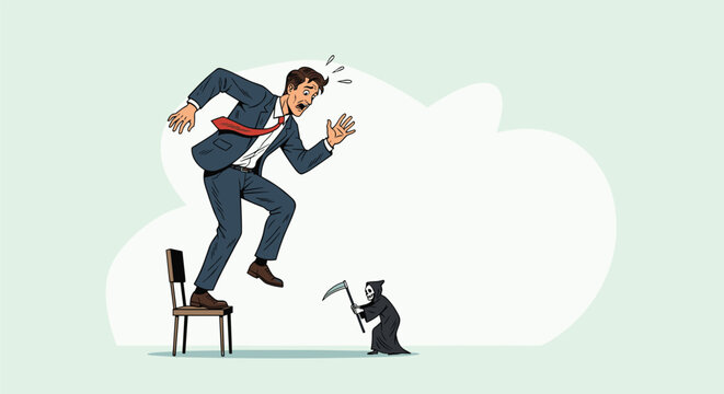 Businessman in a suit stands on a chair looking terrified as a tiny grim reaper with a scythe stands on the floor below him.