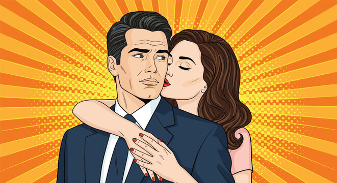 Beautiful woman with long brown hair affectionately kisses a handsome man in a suit on the cheek against an orange burst backdrop.