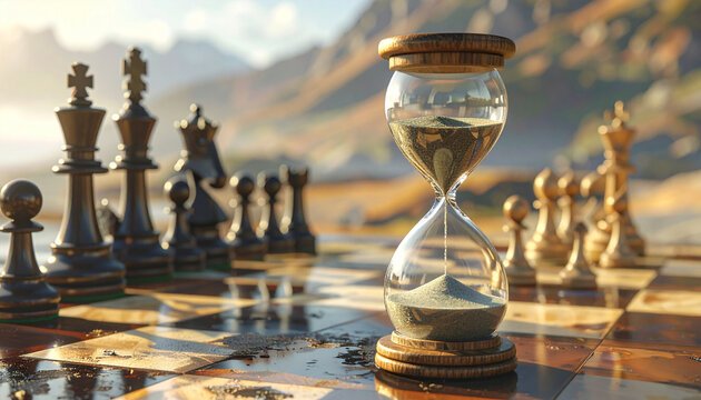 Hourglass on chessboard representing time and strategy against a mountain backdrop