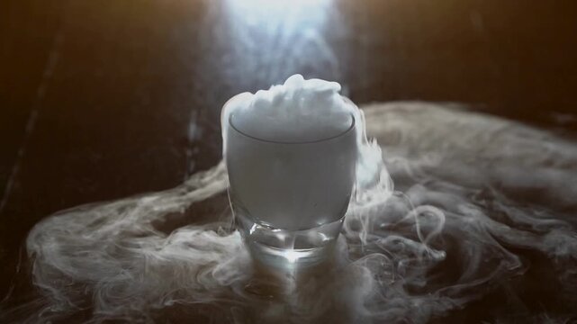 A cinematic slow-motion shot of dry ice (frozen carbon dioxide) submerged in a glass of water, creating thick white vapor that cascades over the rim. Beautiful swirling steam drifts thro
