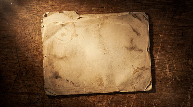 Top view of an empty vintage manila folder with stains, torn edges, and worn texture placed on an old dark wooden desk under warm dramatic spotlight illumination