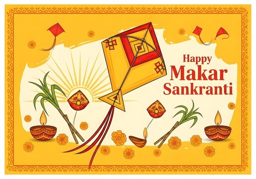 Makar sankranti greeting card with kite and diyas