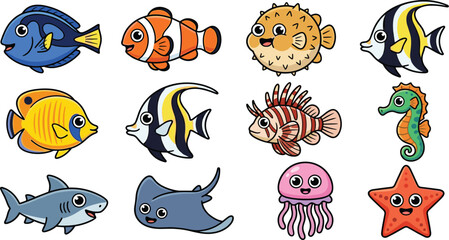 Cute Cartoon Sea Animal Vector Set Featuring Tropical Fish Shark Jellyfish Seahorse and Starfish for Kids Education Nursery Decor and Marine Life Graphic Illustrations © MstMonjila