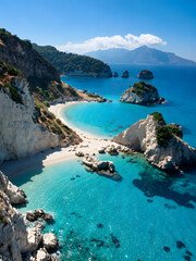 Fototapeta premium Breathtaking aerial view of a turquoise bay with white limestone cliffs, secluded beach and crystal clear sea under a bright blue summer sky.