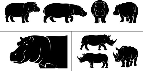 Hippopotamus and Rhinoceros Silhouette Collection Featuring African Wildlife Animals for Safari Conservation and Nature Design Projects © Mukti