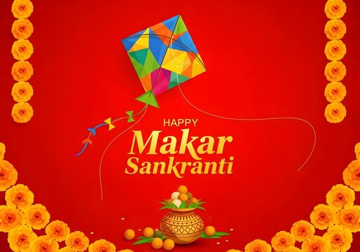 Makar sankranti greeting with kite and pot of gold coins