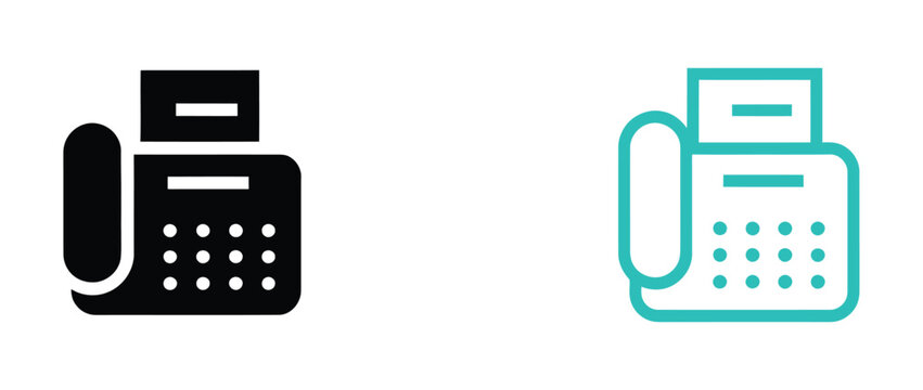 Fax machine icons with office communication device designs in outline, solid, and color variations, representing document transmission, business operations, and workplace technology.