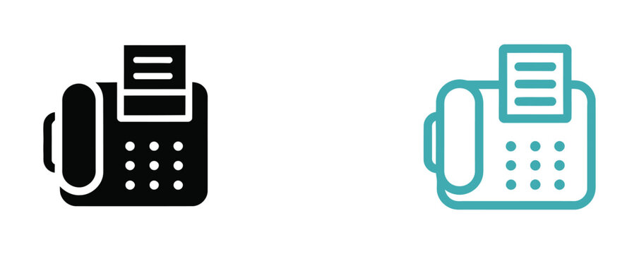Fax machine icons featuring office fax telephone printer communication devices in outline, solid, and color styles for business and workplace applications.